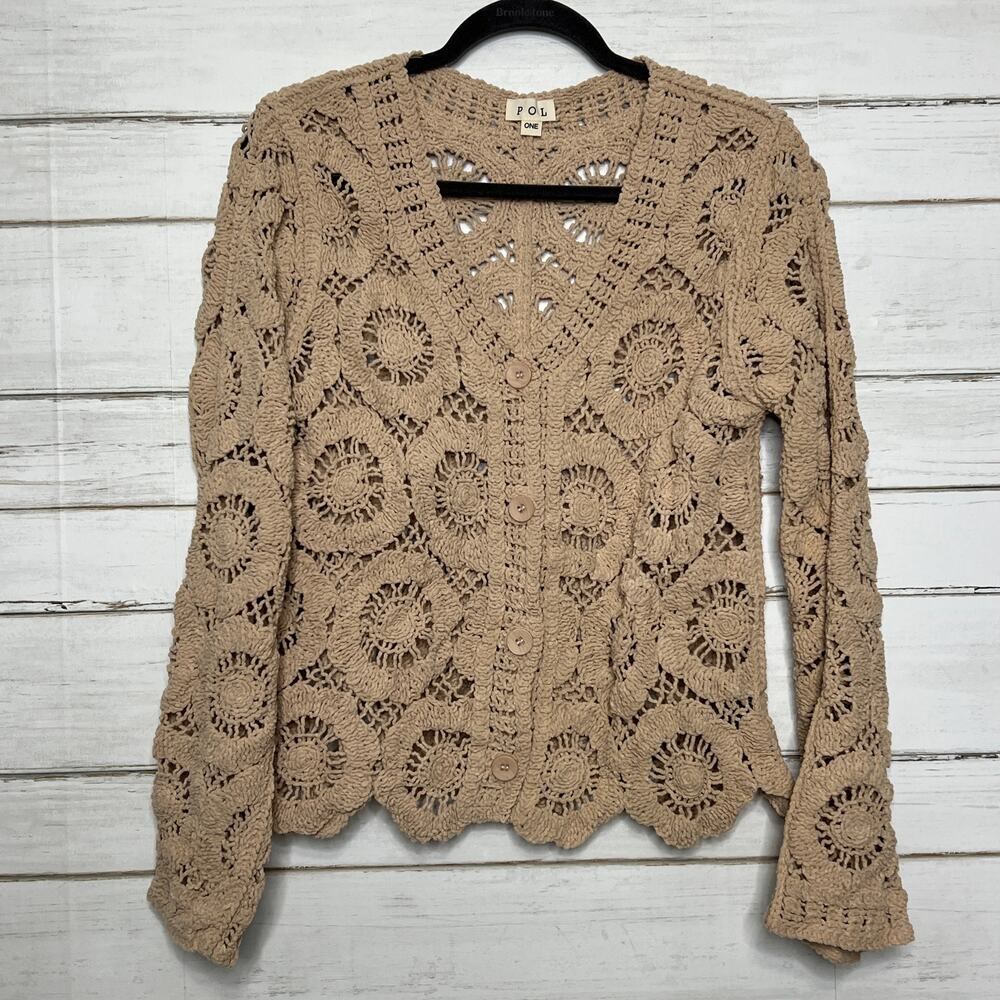 POL Crochet Cardigan Tan Boho Floral Button Front Open Knit Sweater Medium - Picture 10 of 10